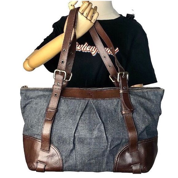 BURBERRY BLUE LABEL Denim Top Zip Shoulder Bag w/ Adj Brown Leather Straps RARE - Picture 1 of 17